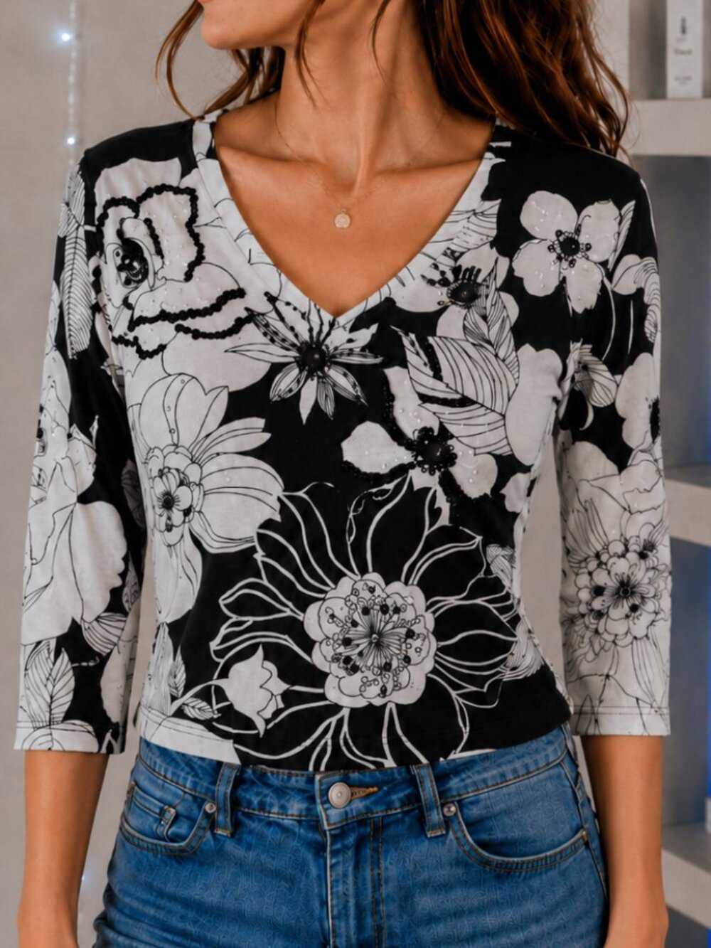 Cache Black & White Floral Beaded V-Neck Top 3/4 Sleeve